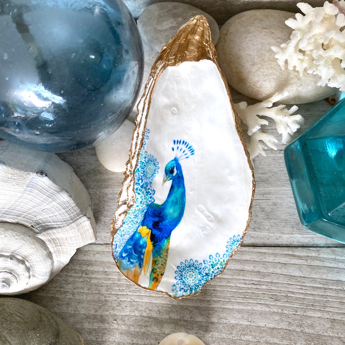 Decoupage Oyster Shell Trinket Dish Peacock Art