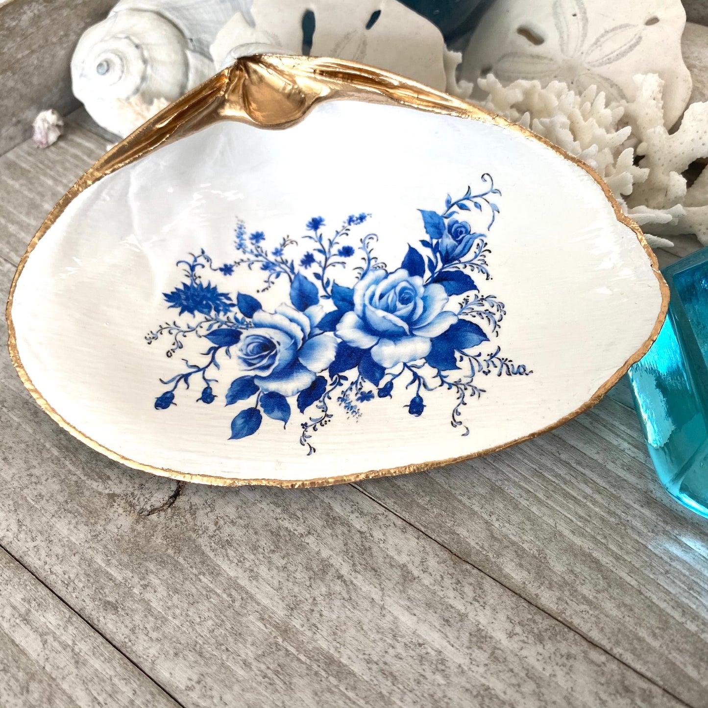 Decoupage Chinoiserie Clam Shell Ring Dish – Blue & White Jewelry Holder, Coastal Decor