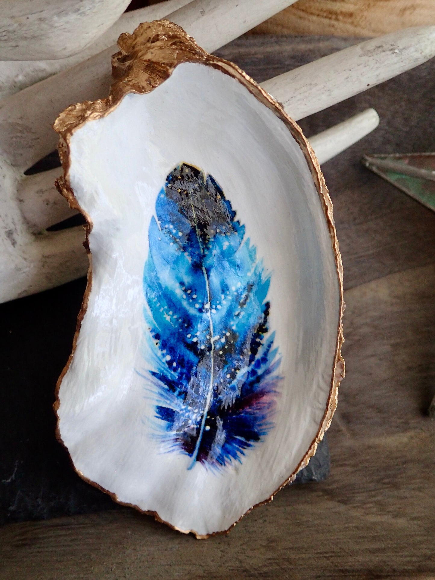 Decoupage Oyster Shell Jewelry Dish, Feather Design, Beach House Decor Accent