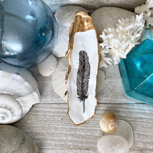 Decoupage Oyster Shell Jewelry Dish, Feather Design, Beach House Decor Accent