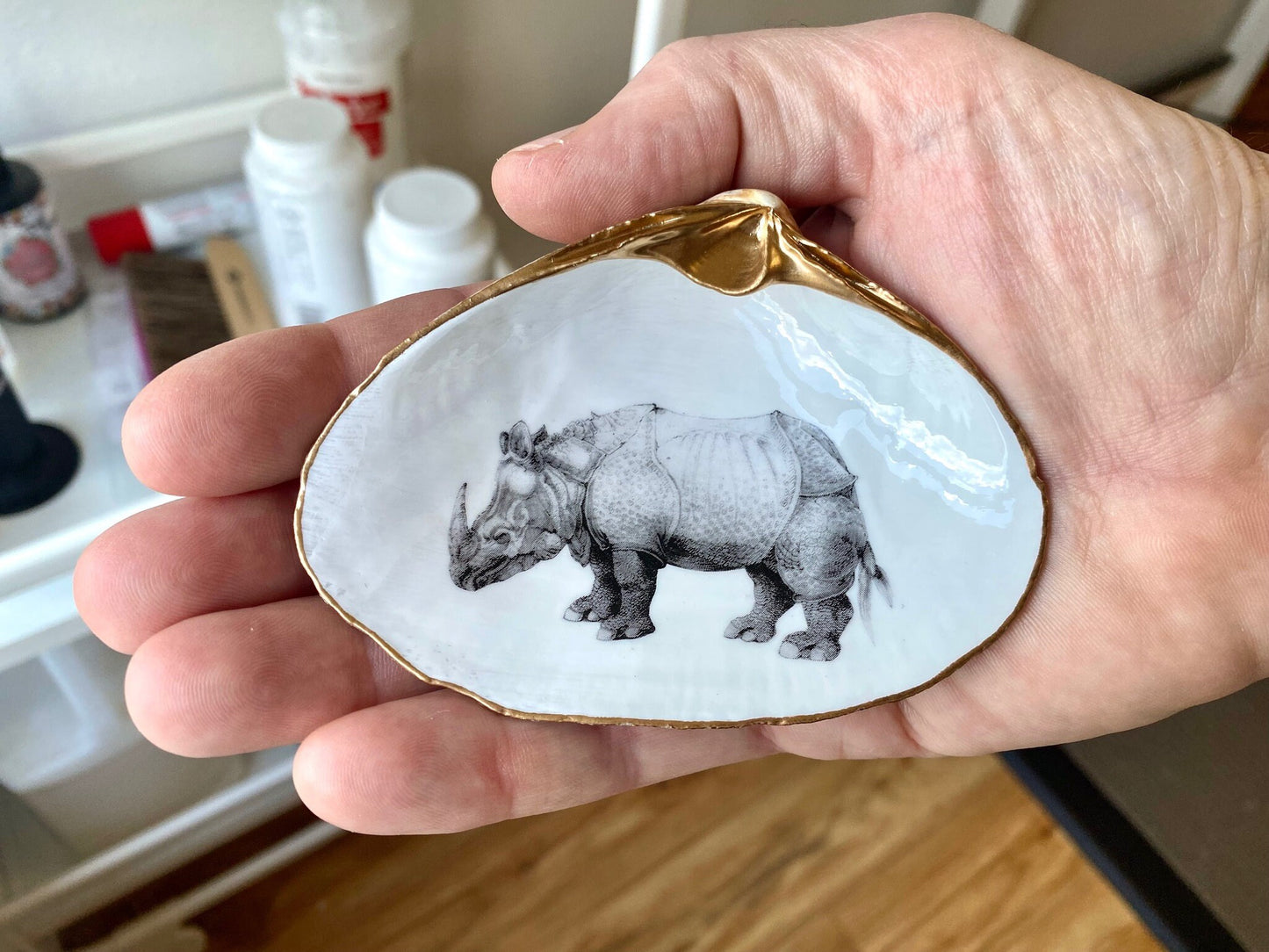 Rhinoceros Art Decoupage Clam Shell Ring Dish – Dürer-Inspired Nature Lover Gift