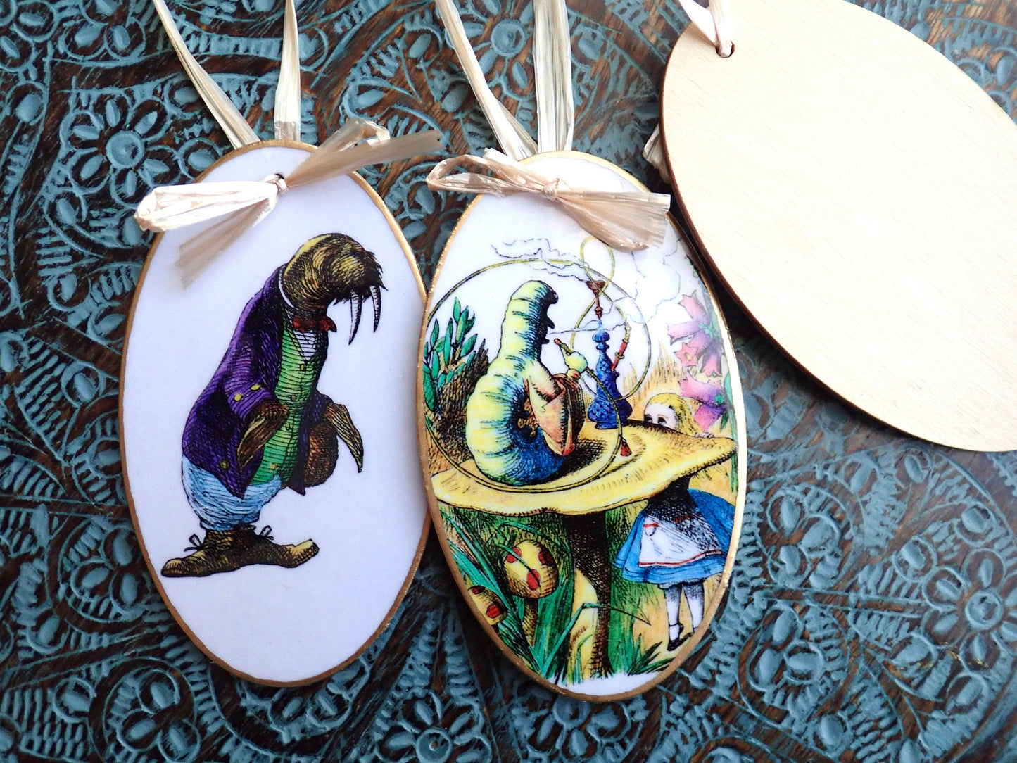 Hand-Colored Decoupage Ornament – Alice in Wonderland Lover Gift, Holiday Decor