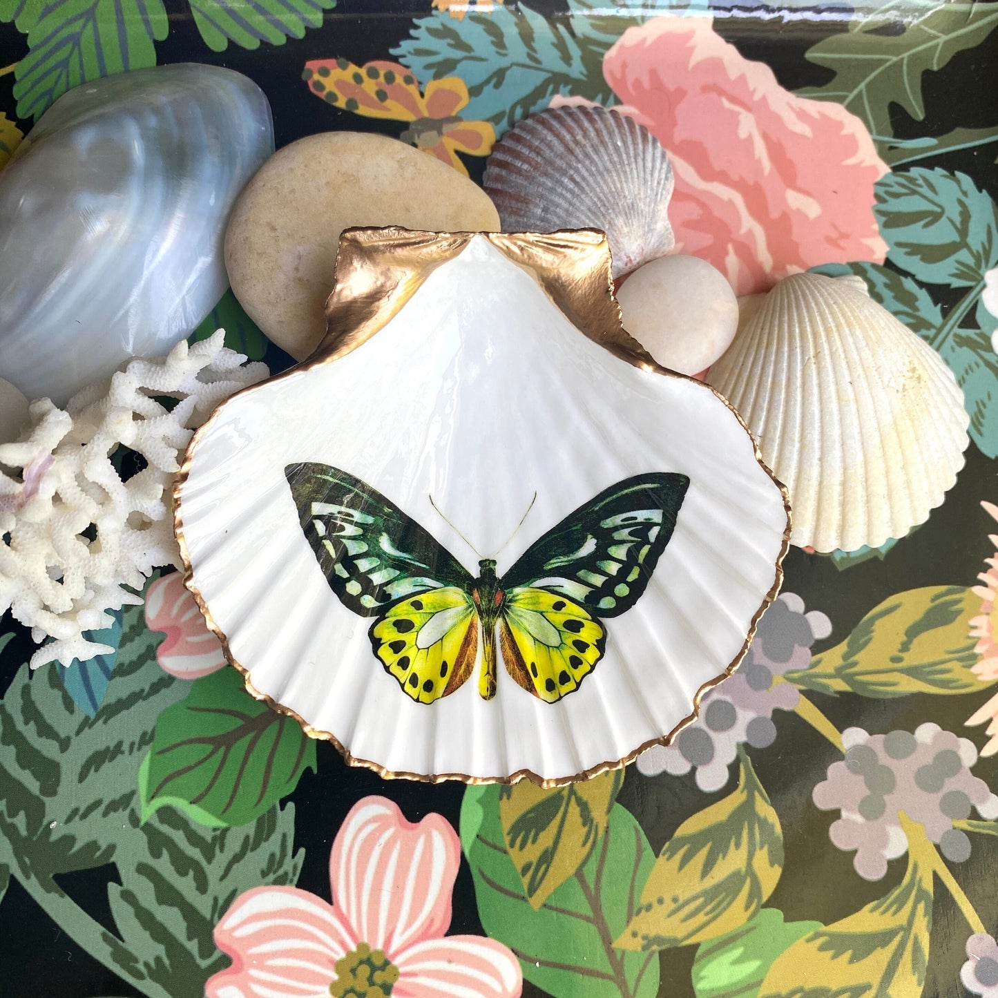 Decoupage Scallop Shell Trinket Dish Butterfly Art
