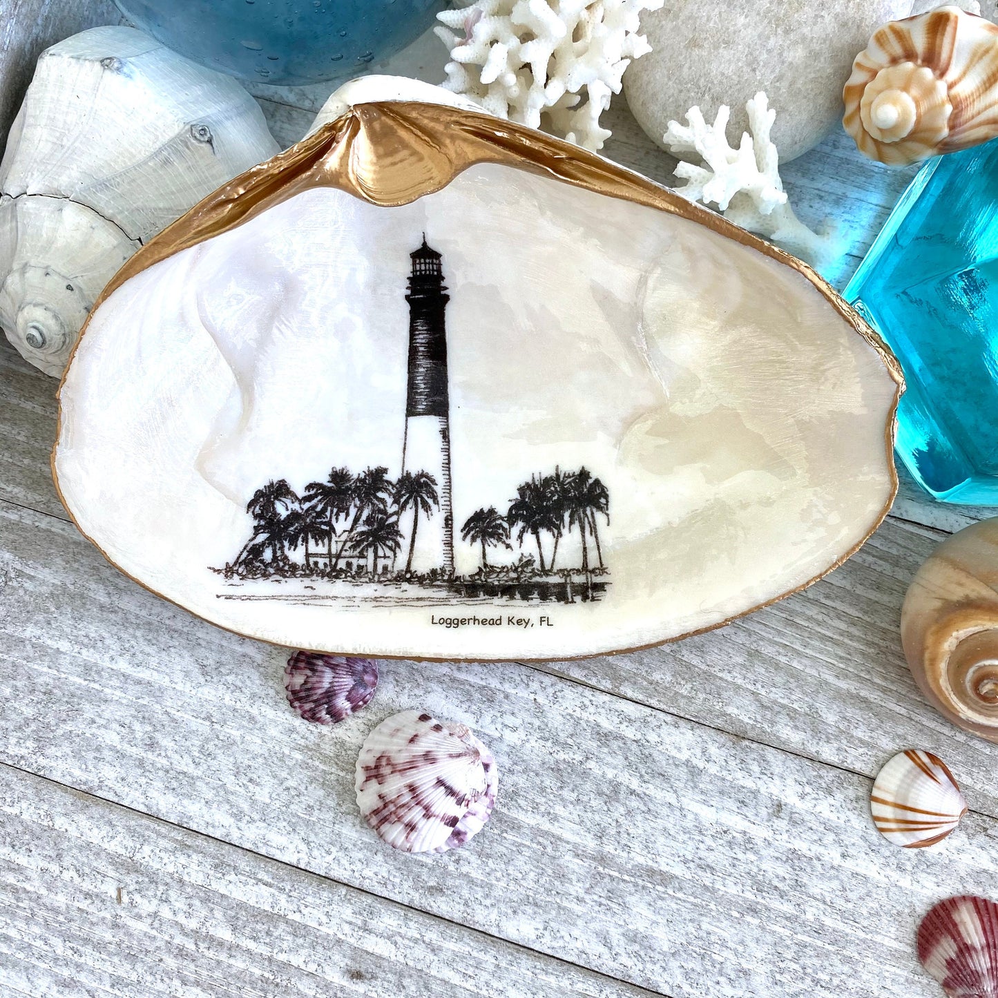 Decoupage Clam Shell Trinket Dish Dry Tortugas Lighthouse Art