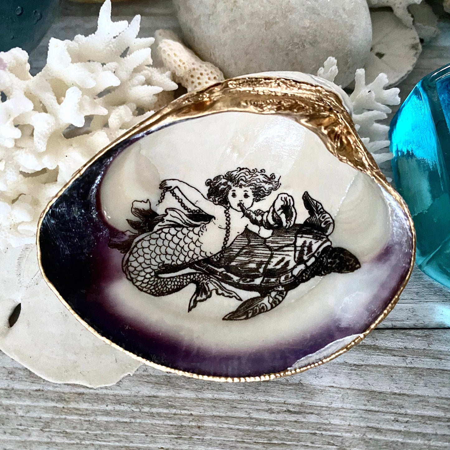 Little Mermaid Decoupage Clam Shell Trinket Dish