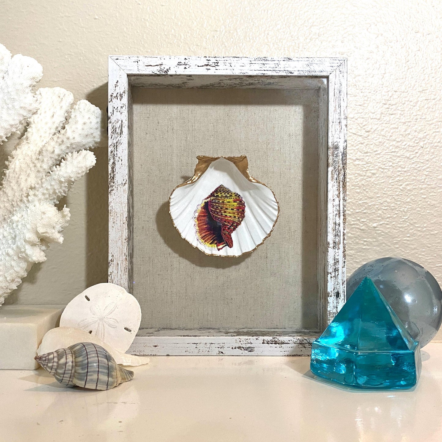 Coastal Wall Art Framed Decoupage Scallop Shell – Beach House Decor