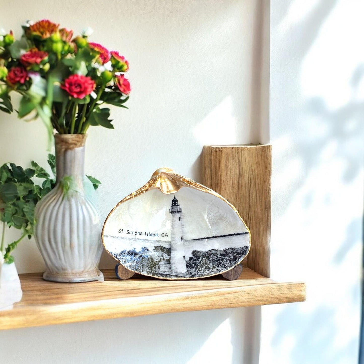 Decoupage Clam Shell Trinket Dish St. Simons Lighthouse Art