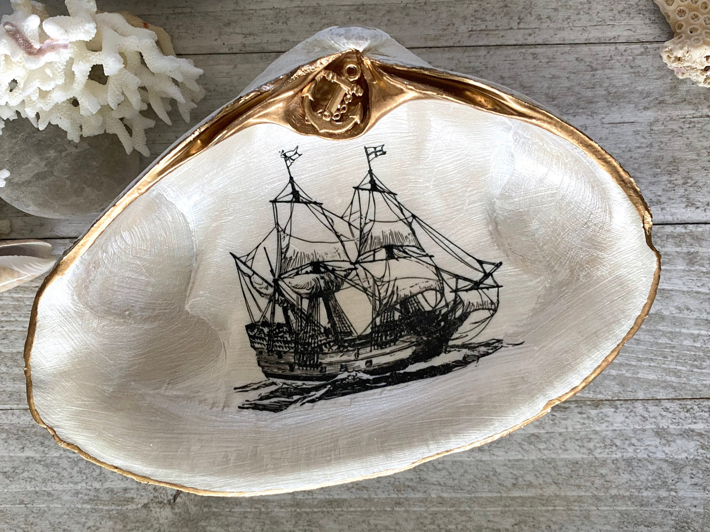 Decoupage Clam Shell Trinket Dish Tall Ship Art