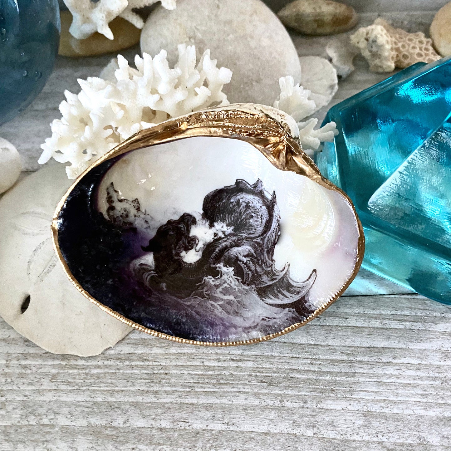 Decoupage Clam Shell Jewelry Dish – Mythological Sea Monster Art
