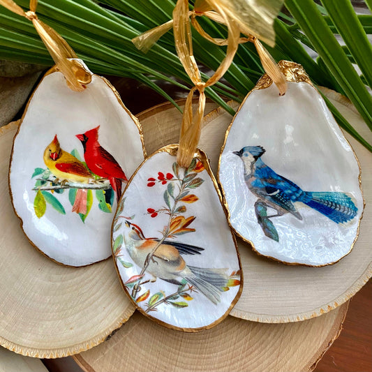 Holiday Ornaments Decoupage Oyster Shell Bird Lover Art