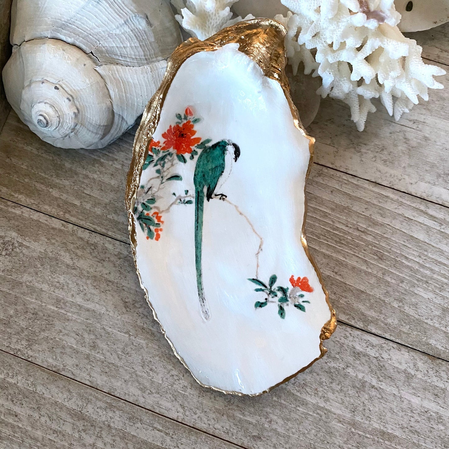Decoupage Oyster Shell Ring Dish – Bird & Floral Design