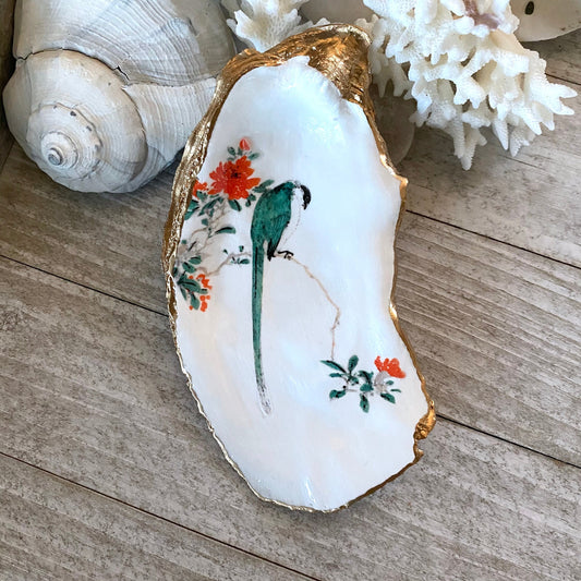 Decoupage Oyster Shell Ring Dish – Bird & Floral Design