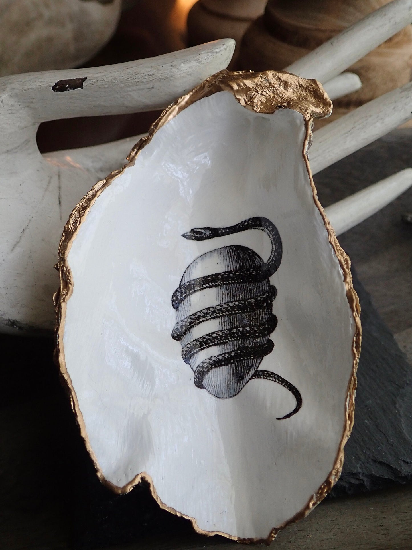 Decoupage Orphic Egg Oyster Shell Ring Dish – Handcrafted Esoteric Art, Greek Mythology Gift