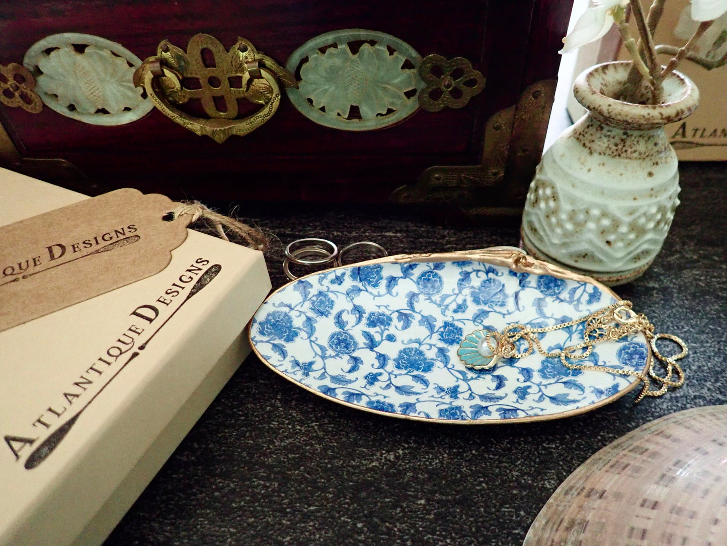 Decoupage Chinoiserie Clam Shell Ring Dish – Blue & White Jewelry Holder, Coastal Decor