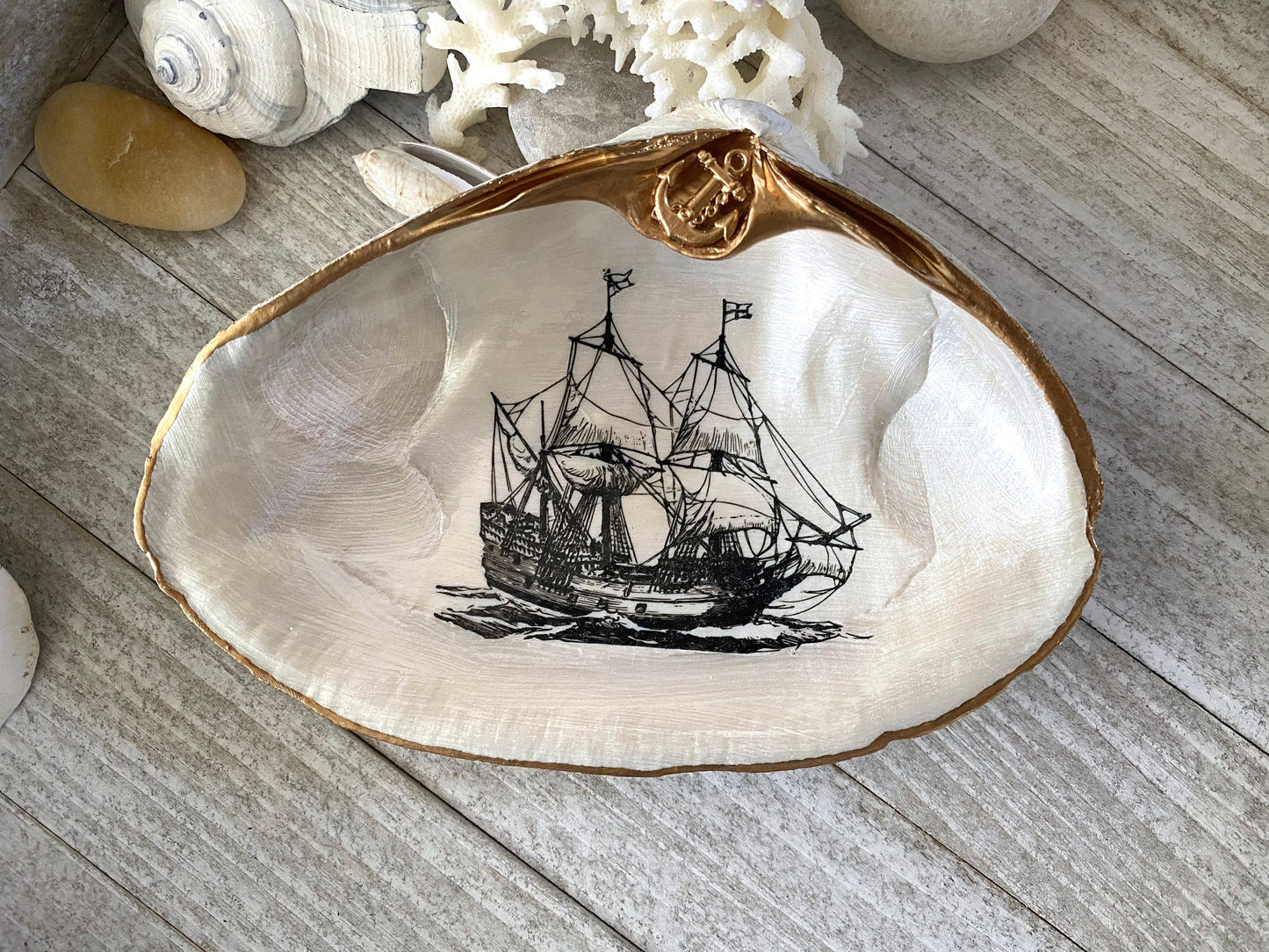 Decoupage Clam Shell Trinket Dish Tall Ship Art