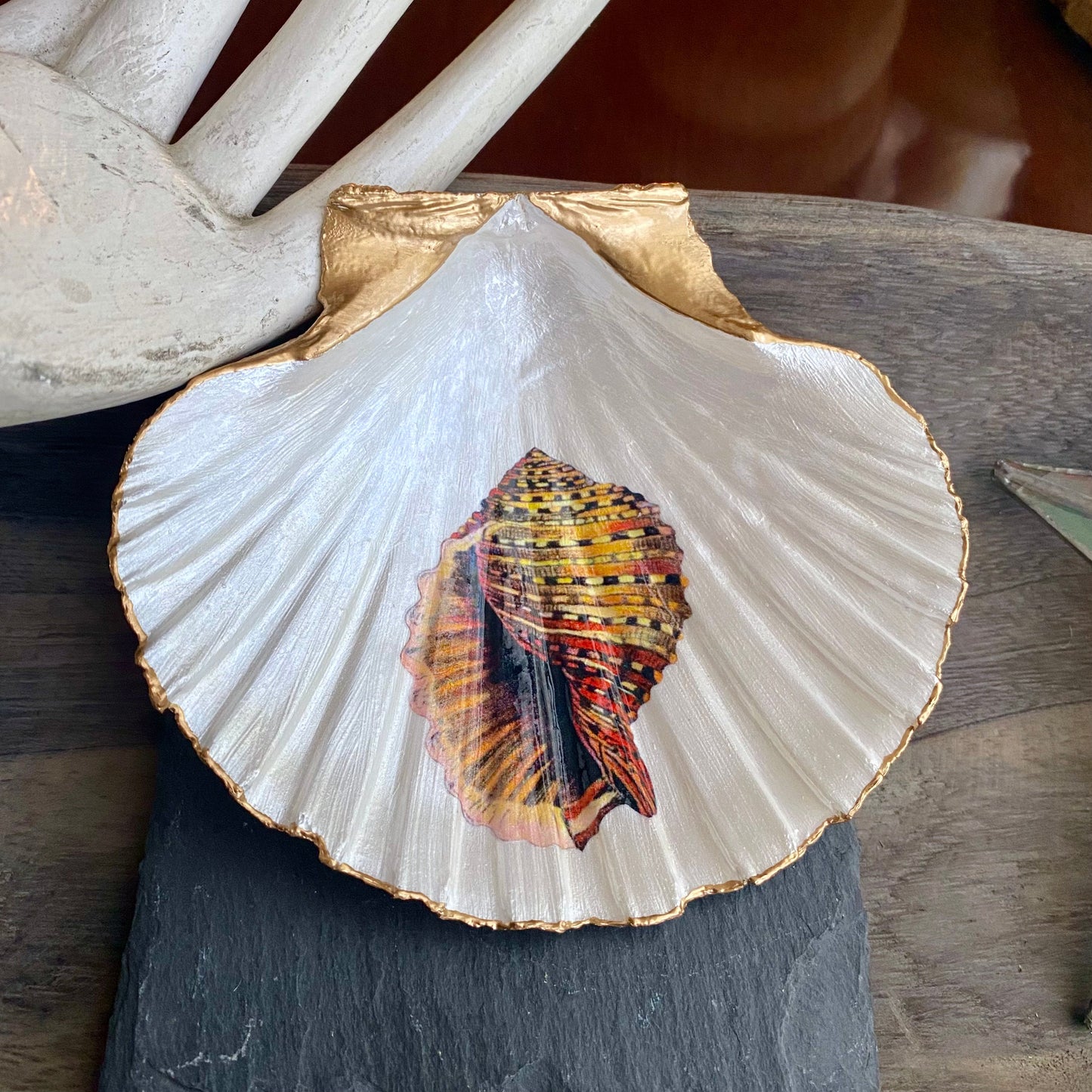 Decoupage Scallop Shell Trinket Dish Conch Shell Art