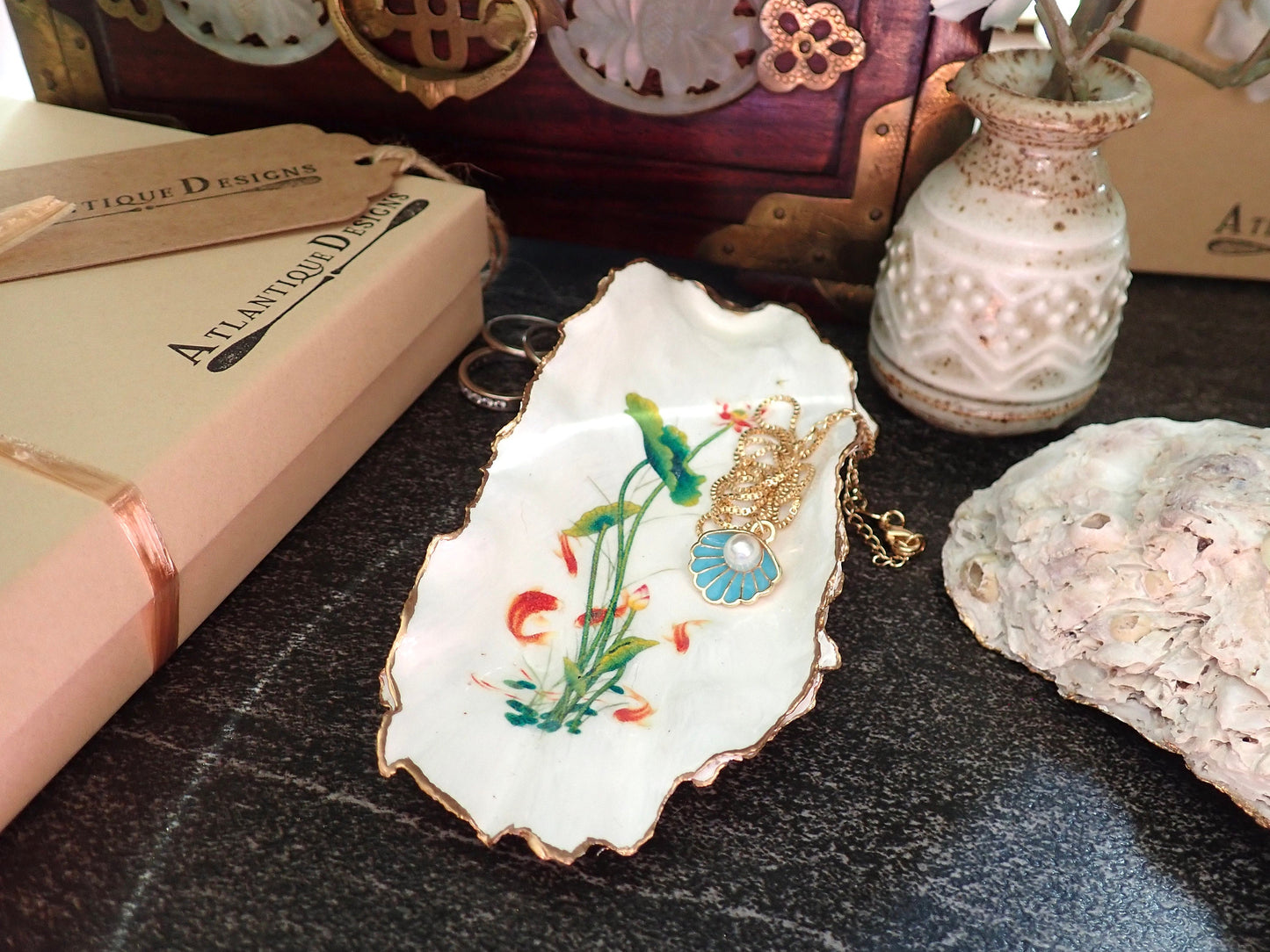 Water Lily Oyster Shell Trinket Dish – Hand-Painted Decoupage Art