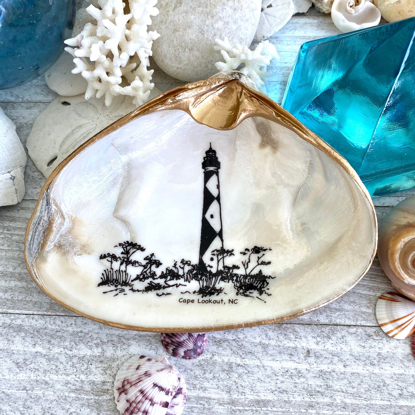 Decoupage Clam Shell Trinket Dish Cape Lookout Lighthouse Art