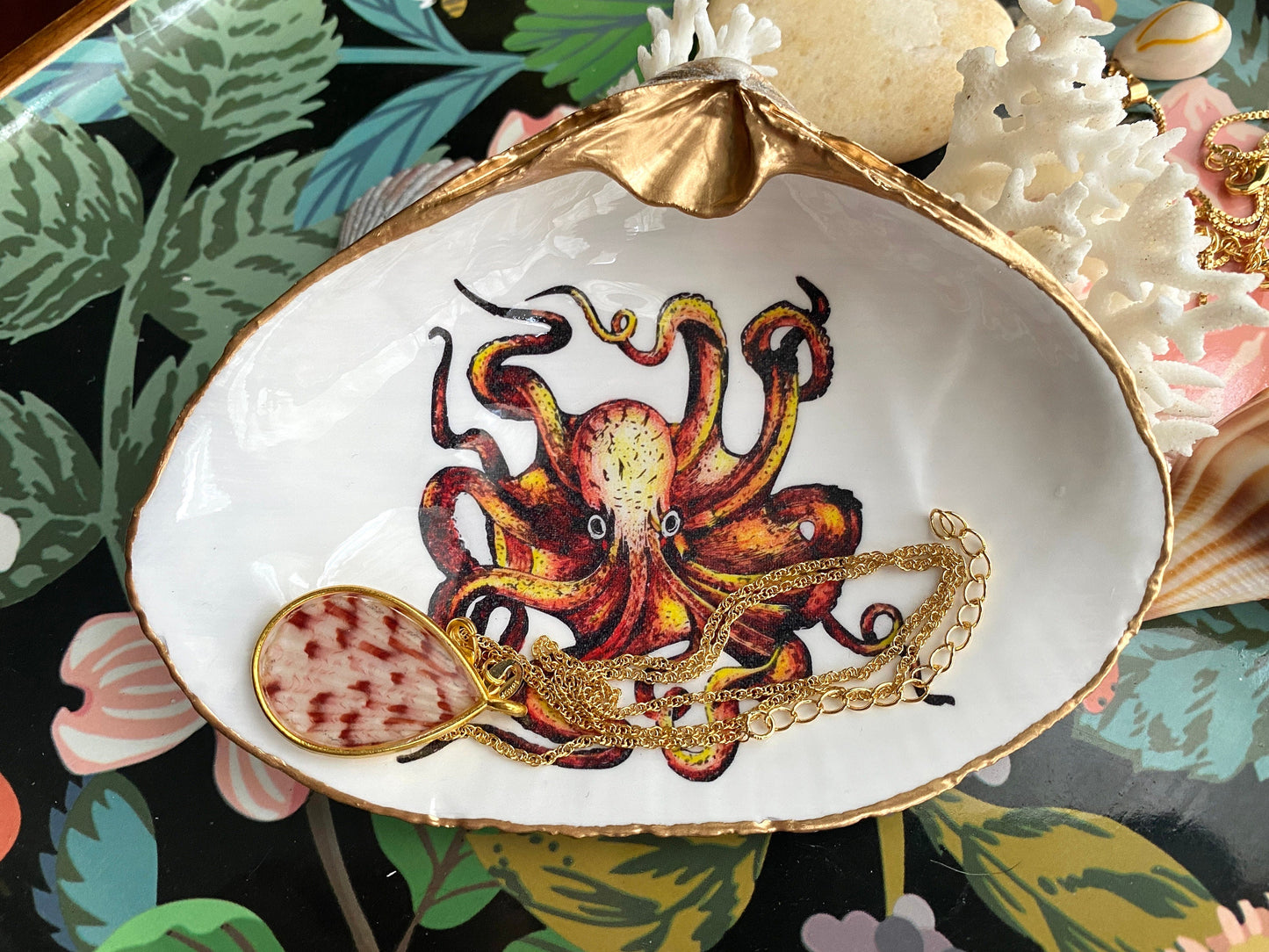 Hand-Colored Octopus Decoupage Clam Shell Trinket Dish