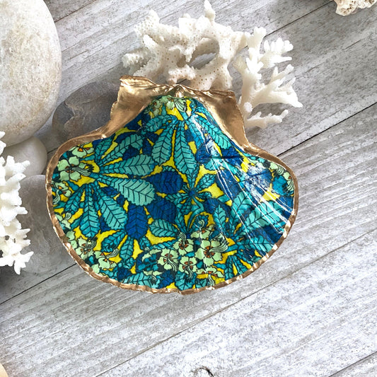 Decoupage Scallop Shell Trinket Dish Tropical Pattern