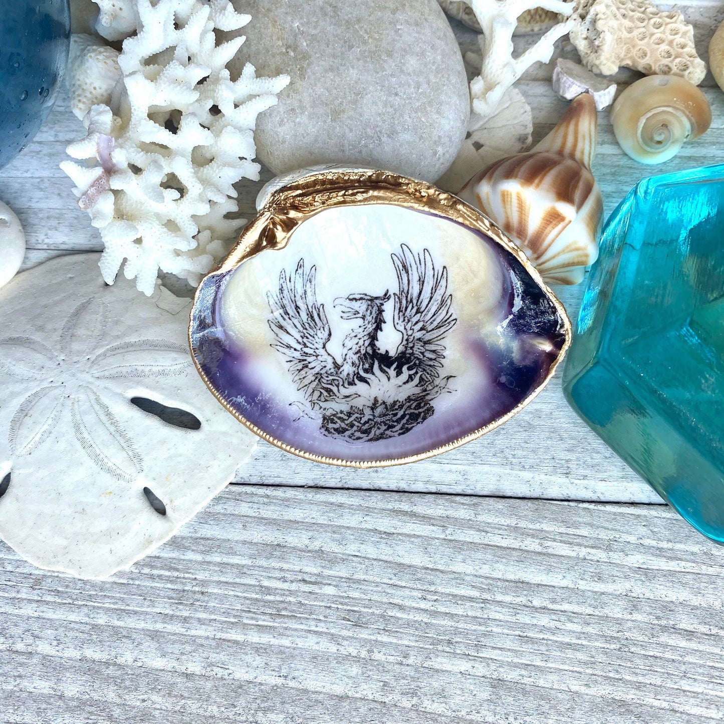Decoupage Phoenix Clam Shell Ring Dish – Coastal Jewelry Holder, Mythology Decor