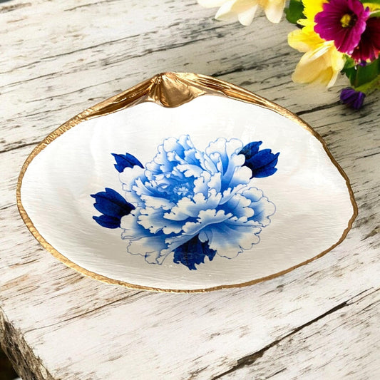 Decoupage Clam Shell Trinket Dish Floral Chinoiserie Art