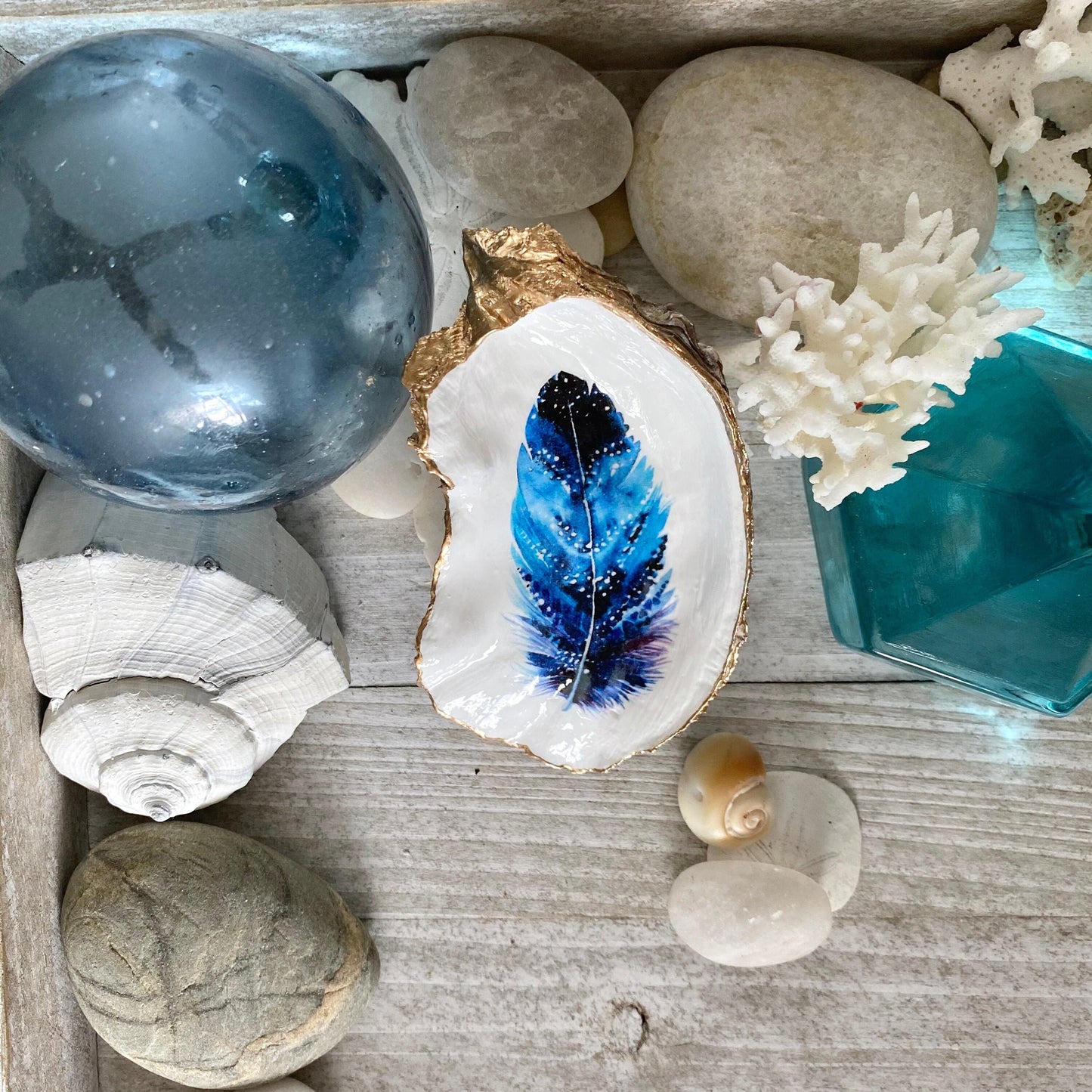 Decoupage Oyster Shell Jewelry Dish, Feather Design, Beach House Decor Accent
