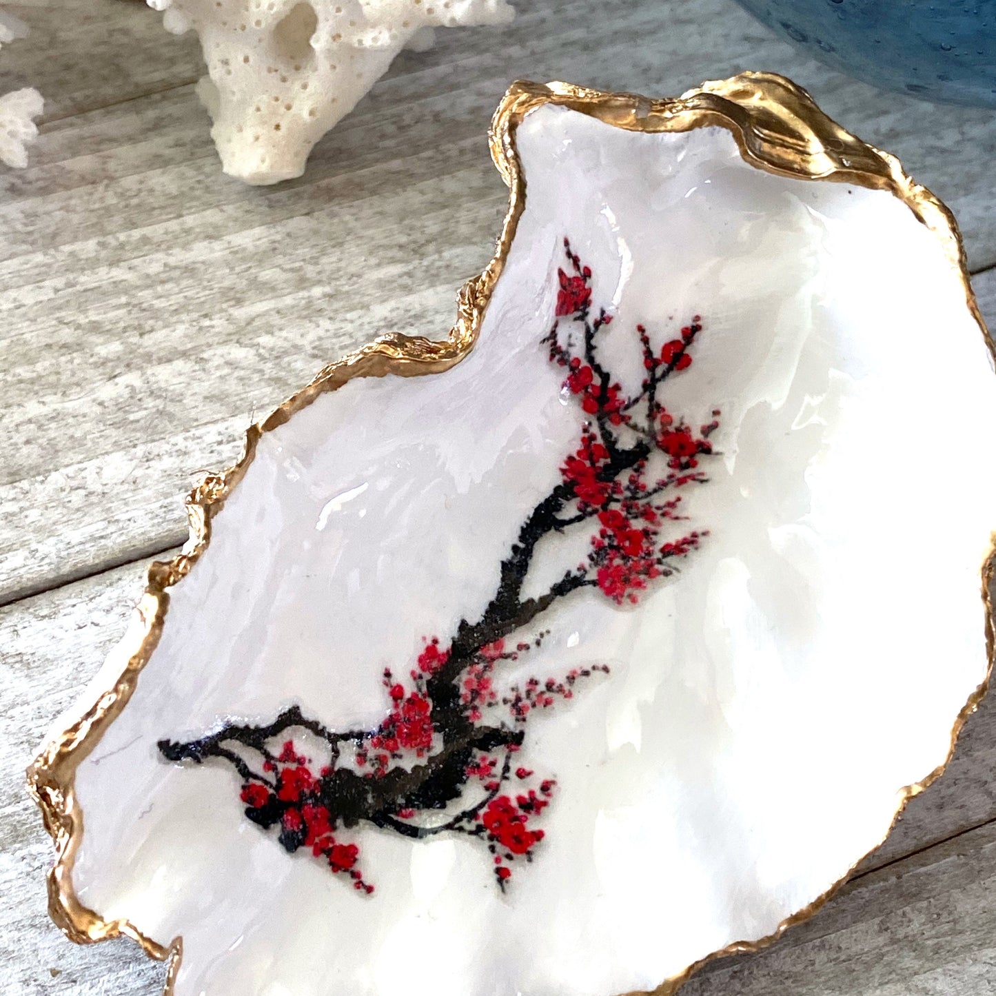 Decoupage Oyster Shell Trinket Dish Cherry Blossom Art