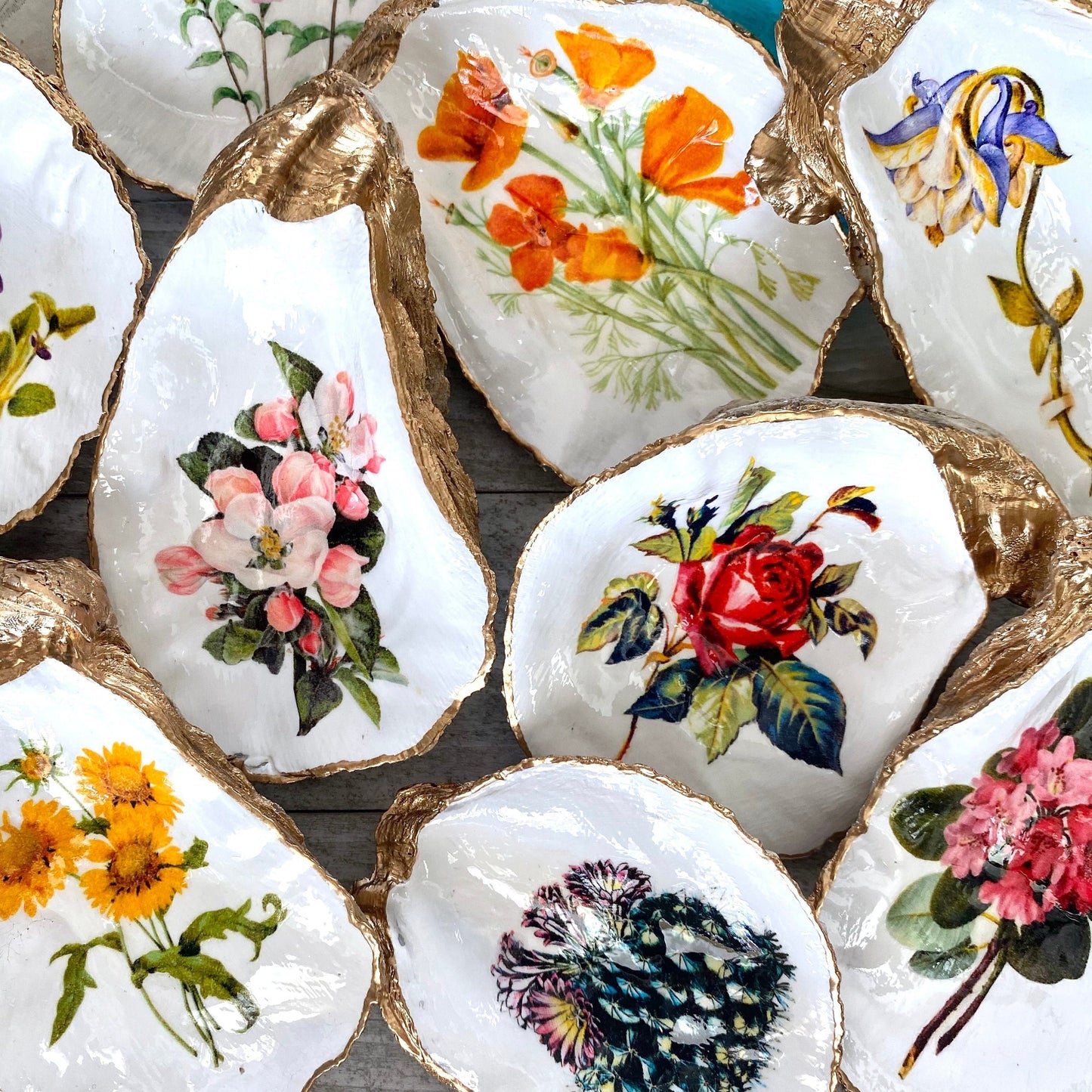 Decoupage Oyster Shell Ring Dish – State Flower Art Coastal Jewelry Holder, Hostess Gift