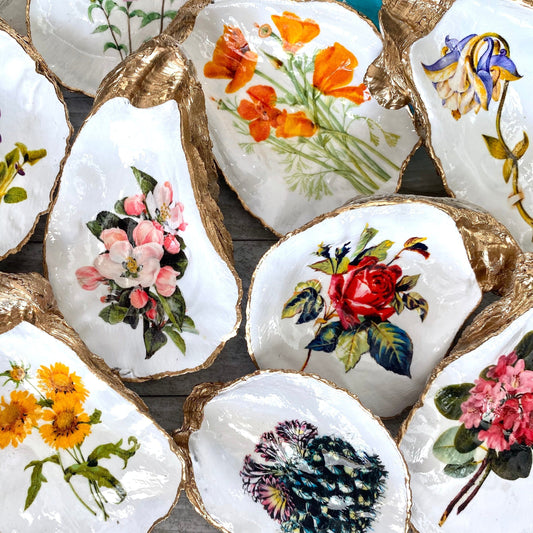 Decoupage Oyster Shell Ring Dish – State Flower Art Coastal Jewelry Holder, Hostess Gift