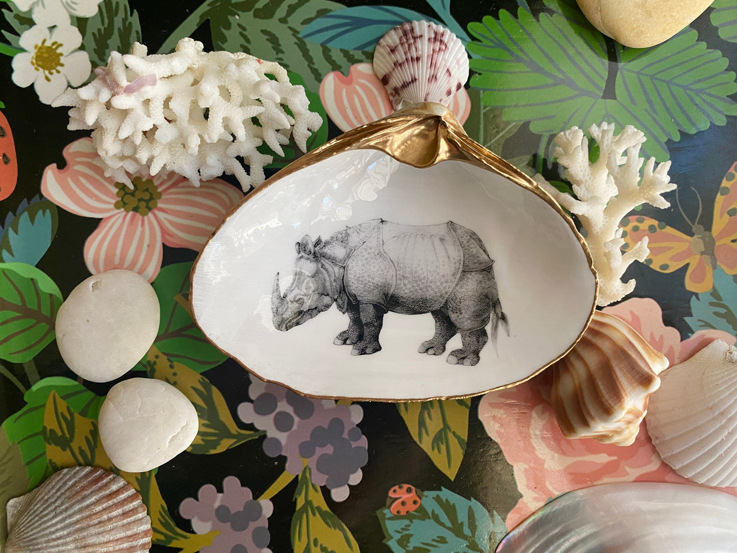 Rhinoceros Art Decoupage Clam Shell Ring Dish – Dürer-Inspired Nature Lover Gift