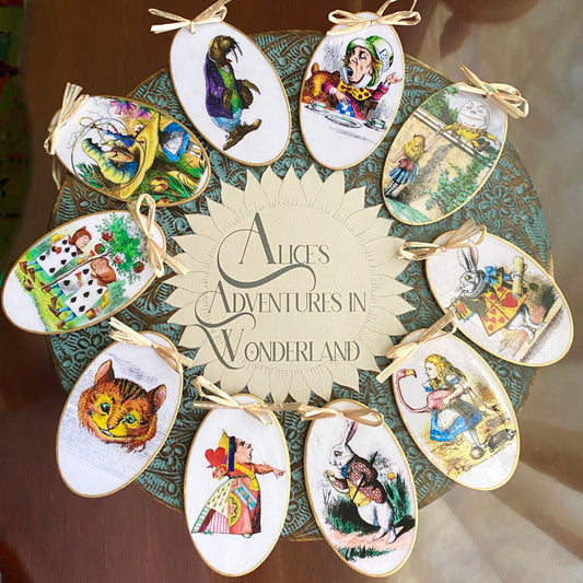 Hand-Colored Decoupage Ornament – Alice in Wonderland Lover Gift, Holiday Decor