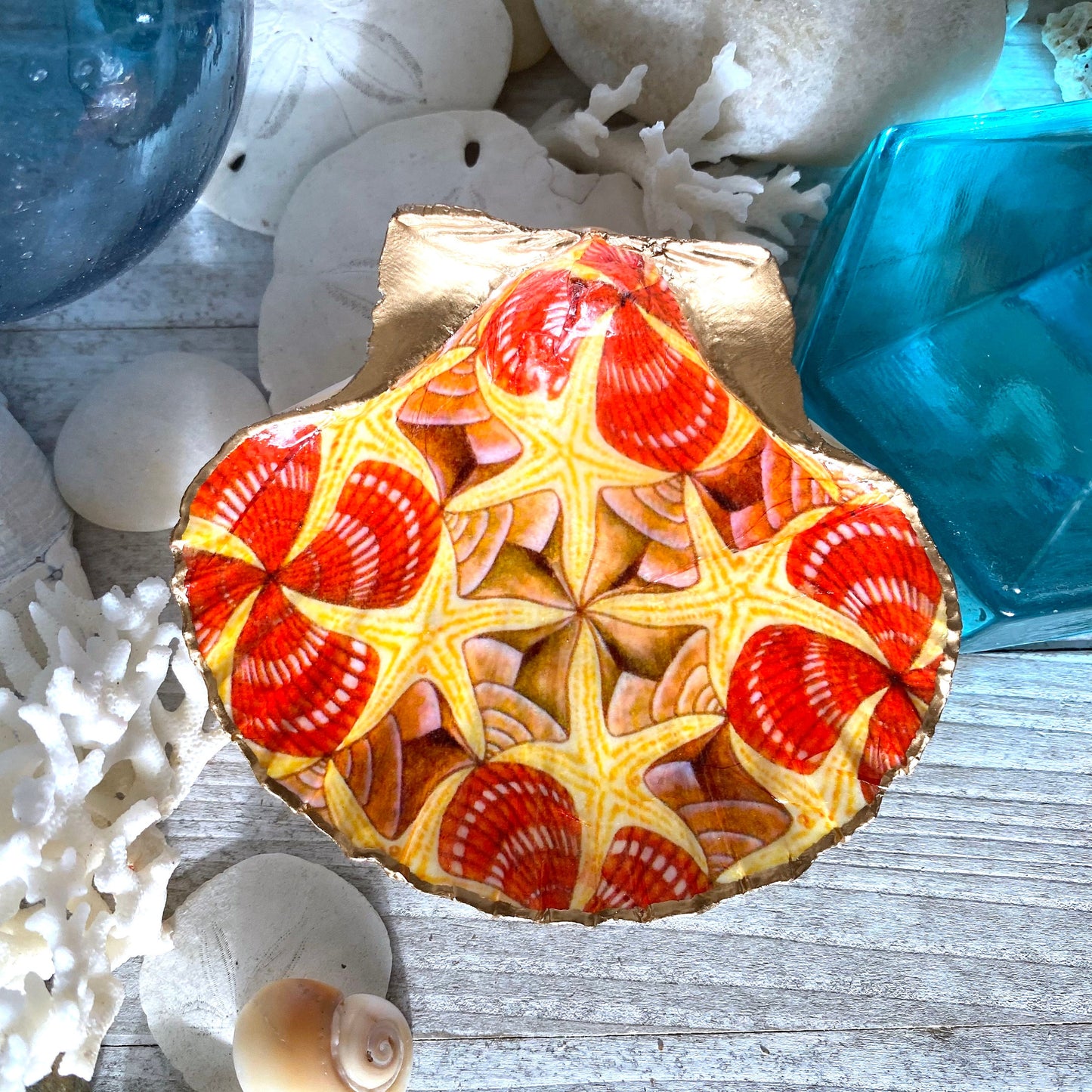 Decoupage Scallop Shell Trinket Dish M.C. Escher Art