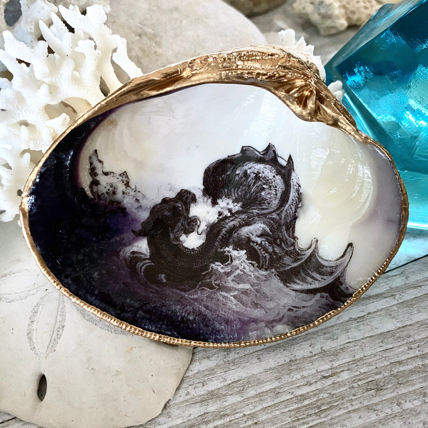 Decoupage Clam Shell Jewelry Dish – Mythological Sea Monster Art
