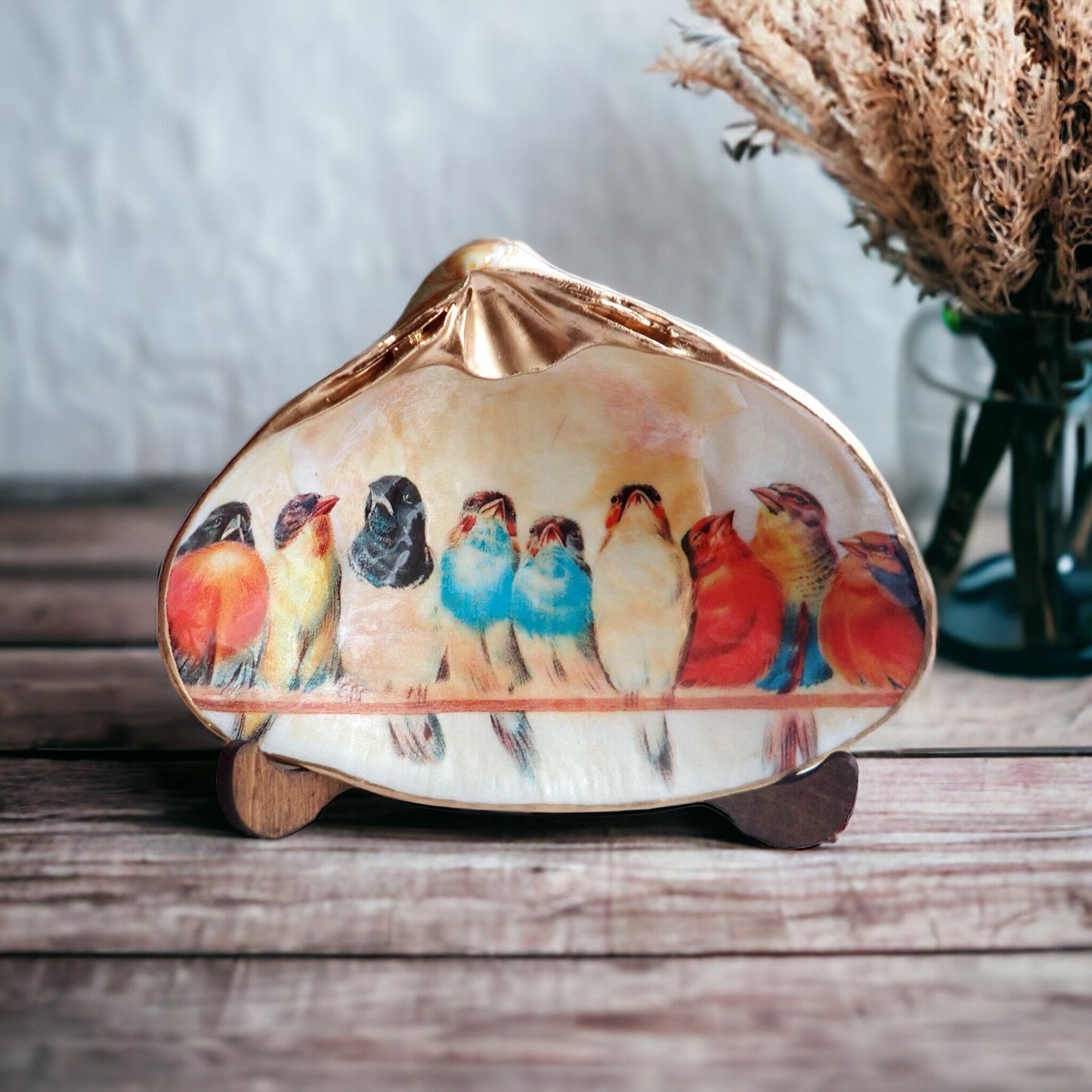 Decoupage Clam Shell Trinket Dish Bird Lover Art
