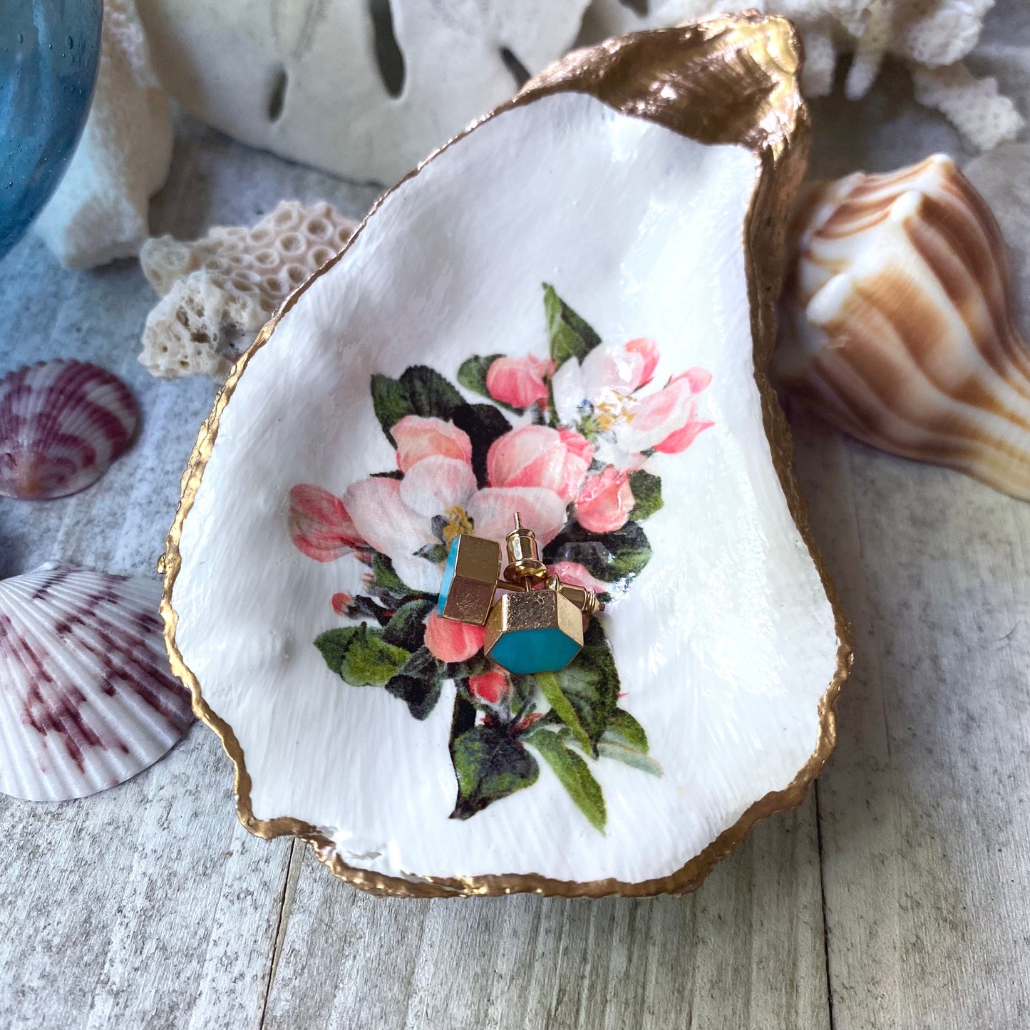Decoupage Oyster Shell Trinket Dish – Apple Blossom Floral Art