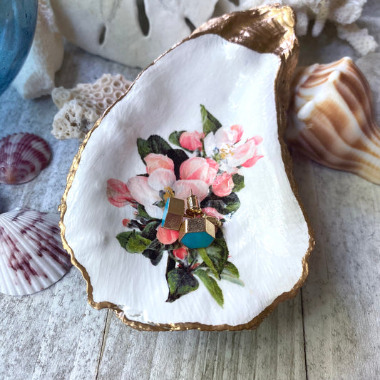 Decoupage Oyster Shell Trinket Dish – Apple Blossom Floral Art