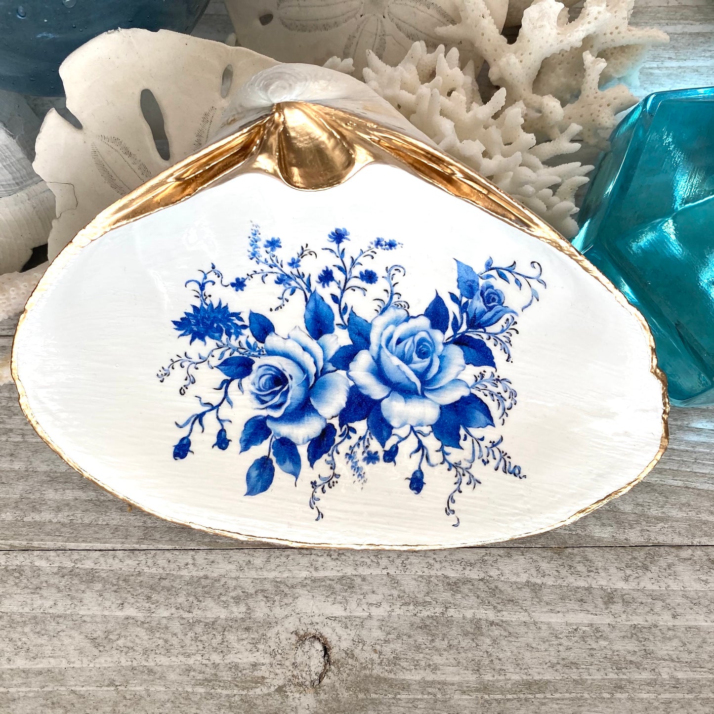 Decoupage Chinoiserie Clam Shell Ring Dish – Blue & White Jewelry Holder, Coastal Decor