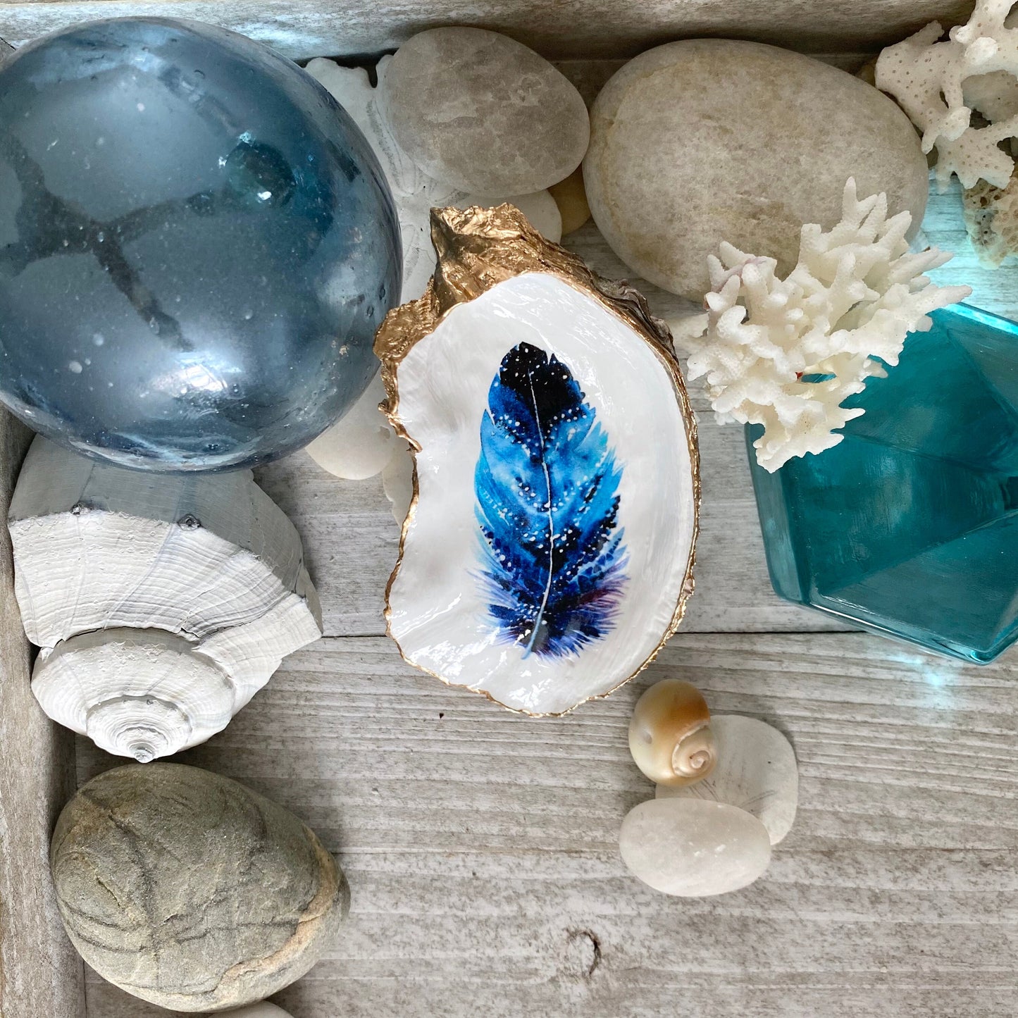 Decoupage Oyster Shell Jewelry Dish, Feather Design, Beach House Decor Accent