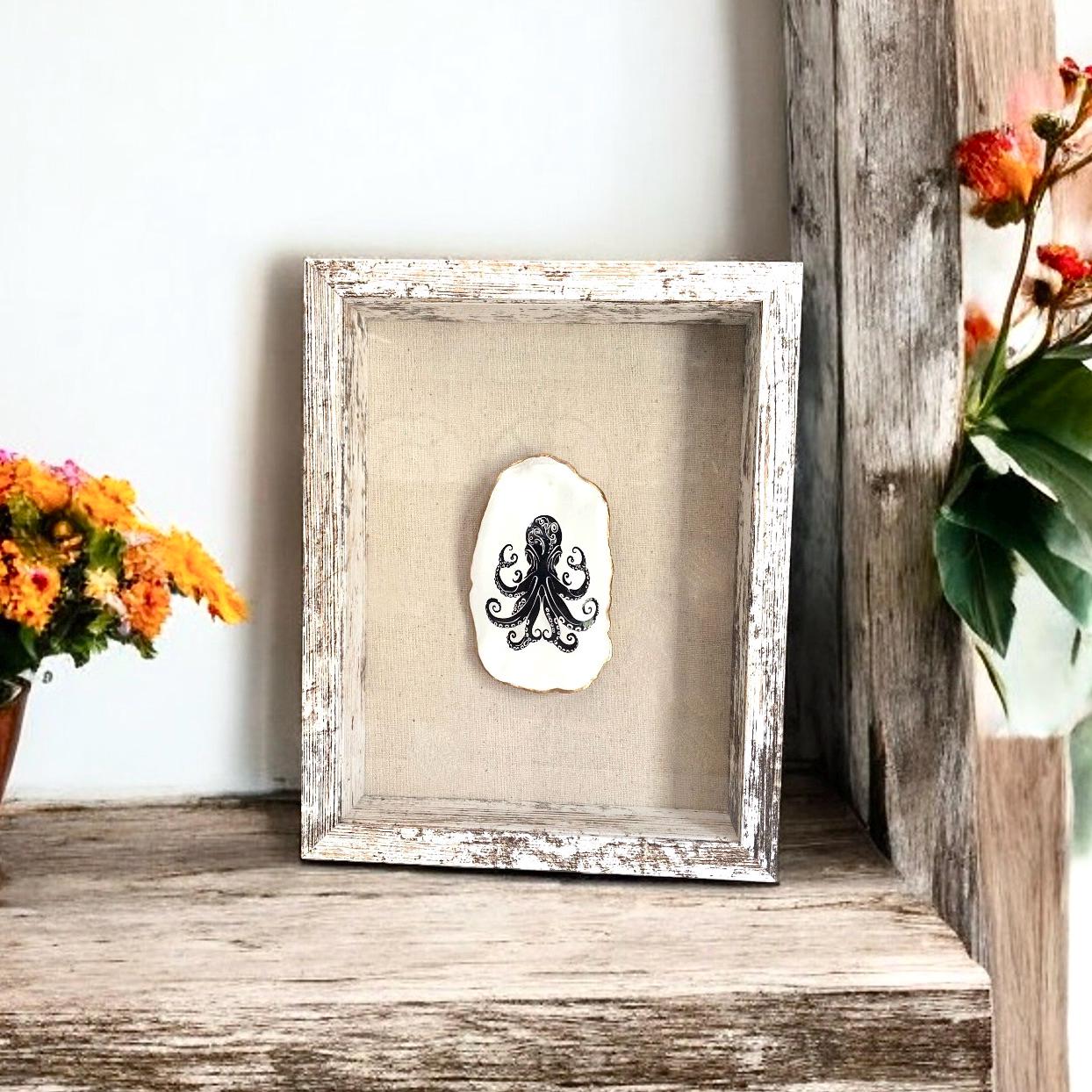 Decoupage Octopus Oyster Shell Shadow Box – Hand-Crafted Coastal Wall Hanging, Nautical Gift