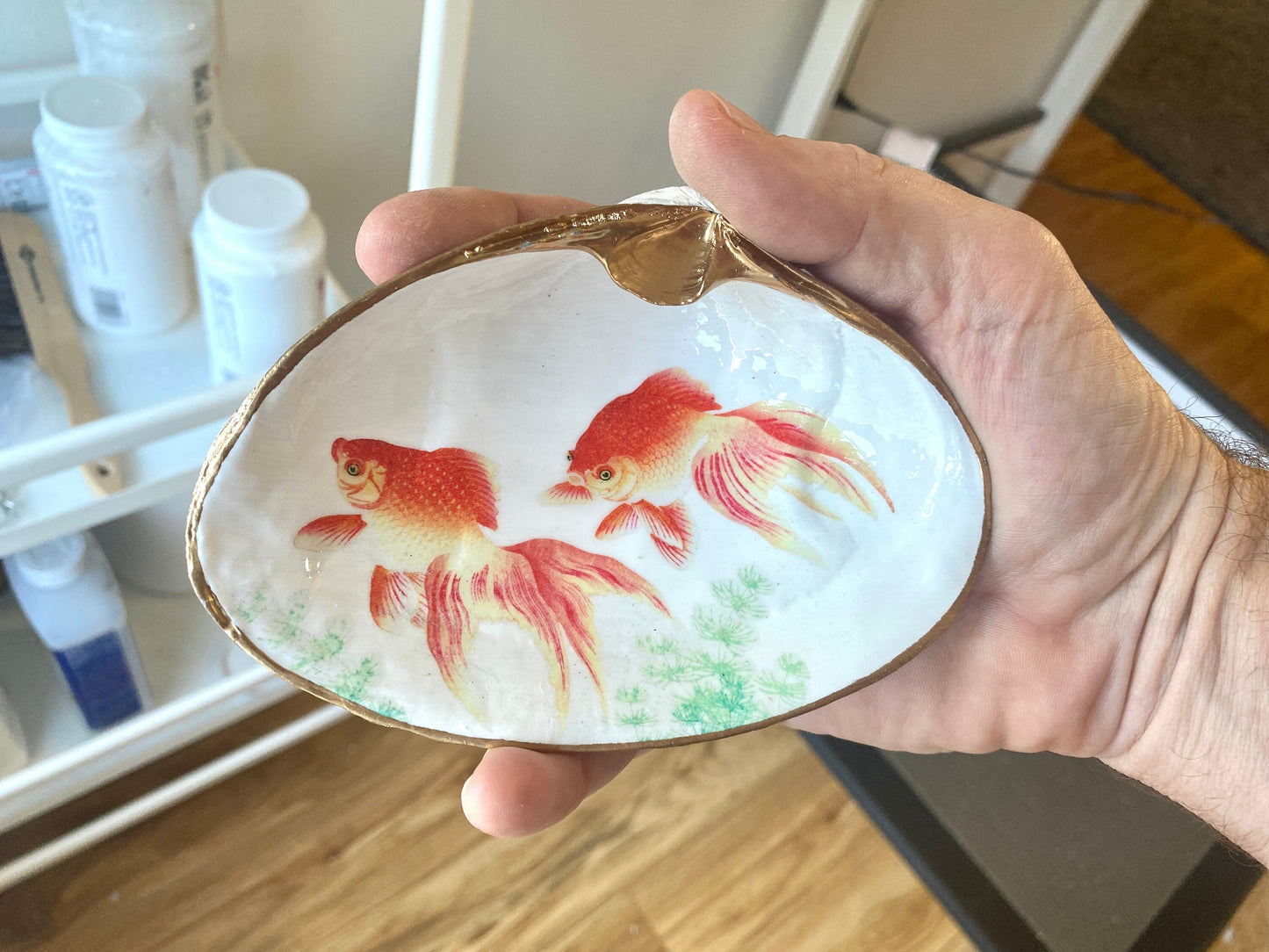 Decoupage Clam Shell Goldfish Art