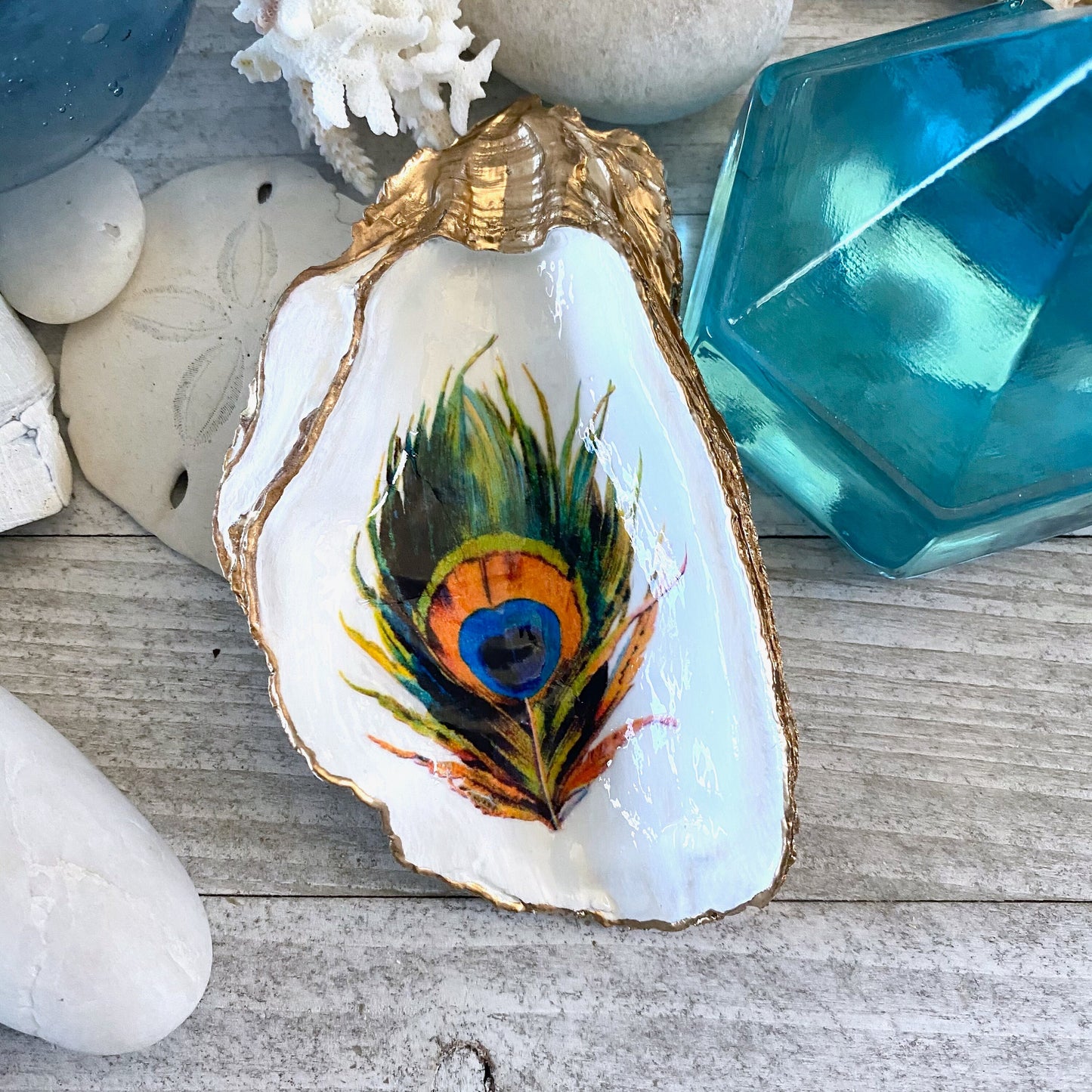 Decoupage Oyster Shell Jewelry Dish, Feather Design, Beach House Decor Accent