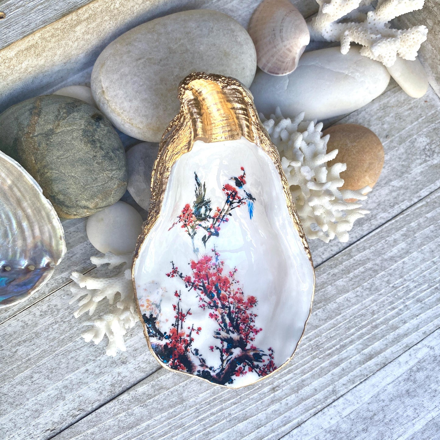 Cherry Blossom Oyster Shell Trinket Dish – Hand-Crafted Decoupage Art