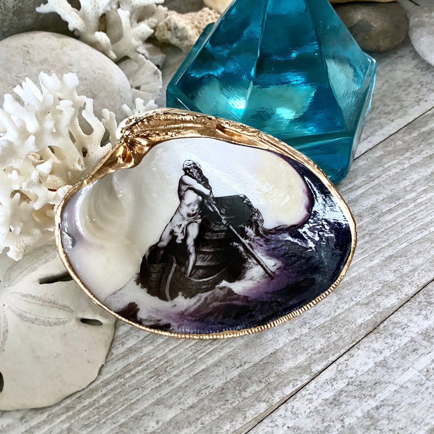 Decoupage Clam Shell Ring Dish – Charon Ferryman Design, Mythological Gothic Art