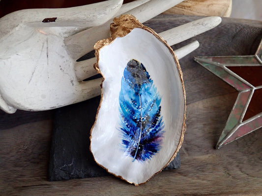 Decoupage Oyster Shell Jewelry Dish, Feather Design, Beach House Decor Accent