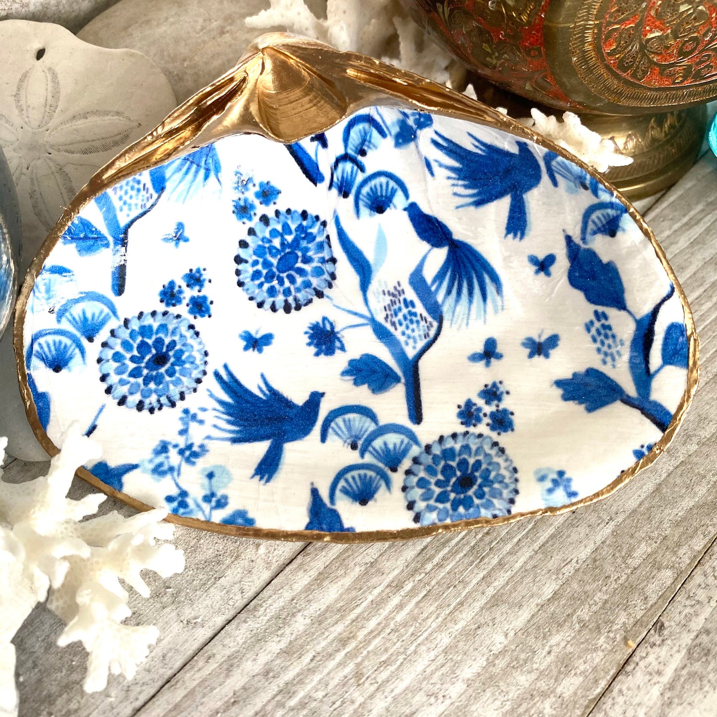 Decoupage Clam Shell Ring Dish – Delft Blue & White Design, Coastal Accent