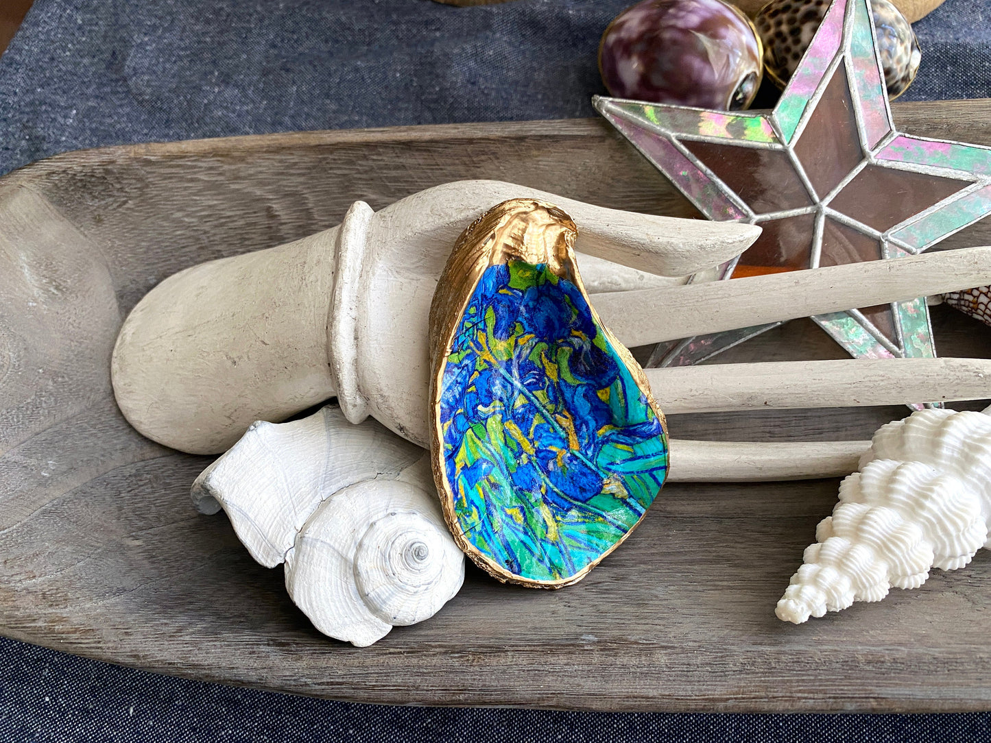 Decoupage Oyster Shell Ring Dish – Van Gogh-Inspired Painted Shell, Coastal Decor