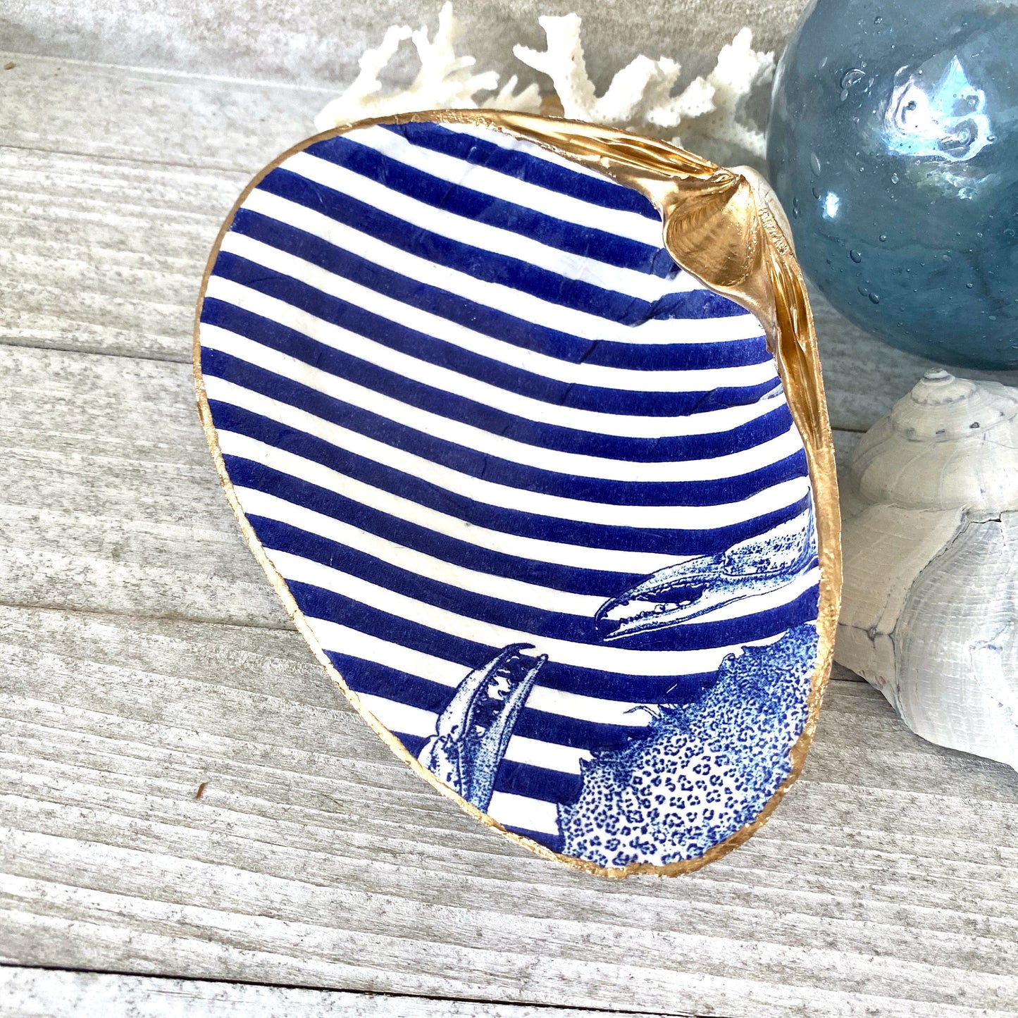 Blue & White Stripe Decoupage Clam Shell Trinket Dish