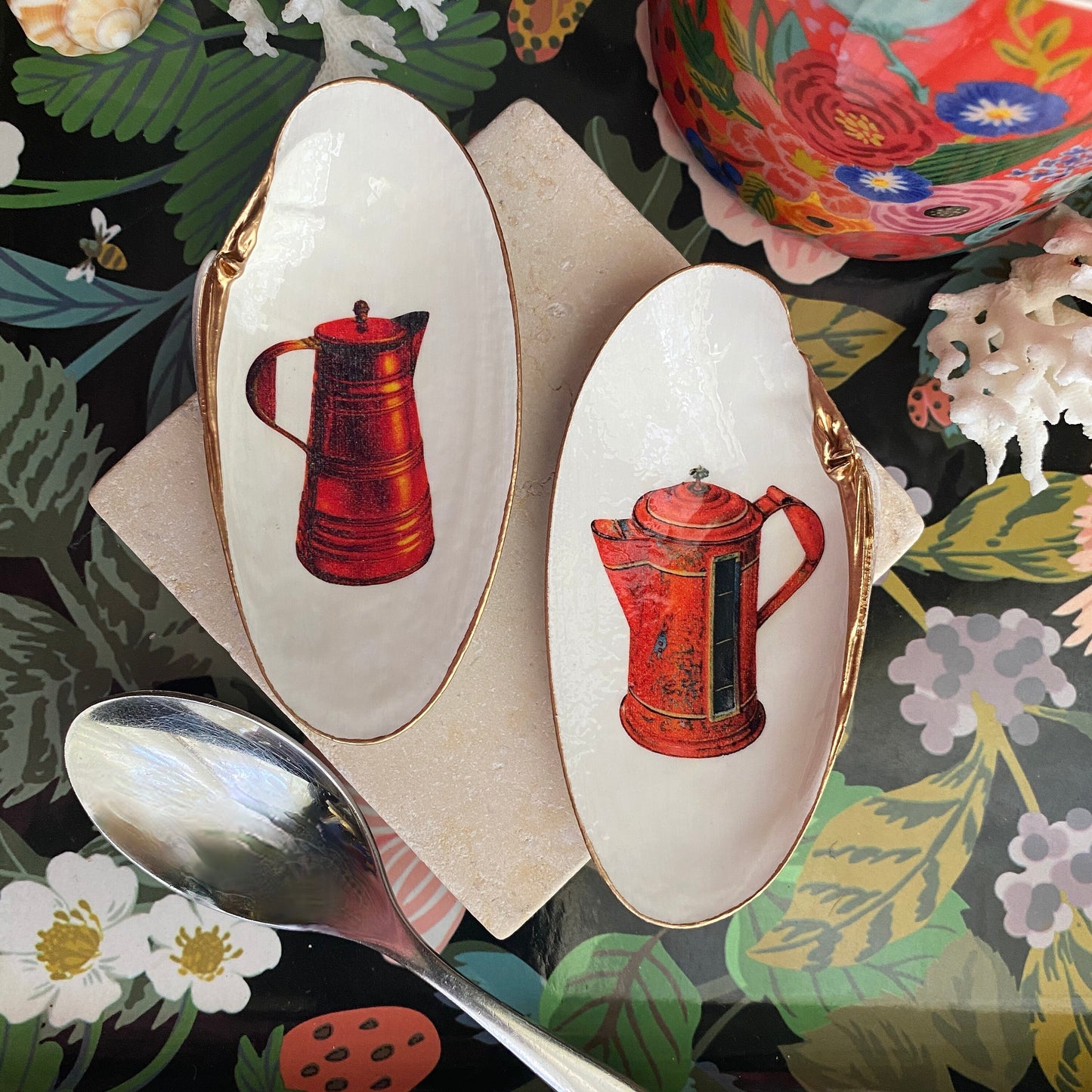 Decoupage Clam Shell Spoon Rest Pair – Vintage Coffee & Tea Illustration