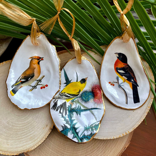 Holiday Ornaments Decoupage Oyster Shell  Bird Lover Art